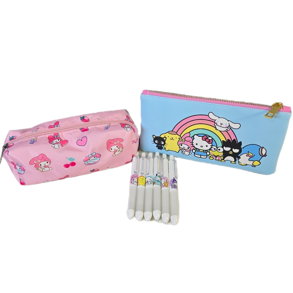 Sanrio Hello Kitty & Friends Blue Rainbow + My Melody Pencil Pouch +6 Pens Lot